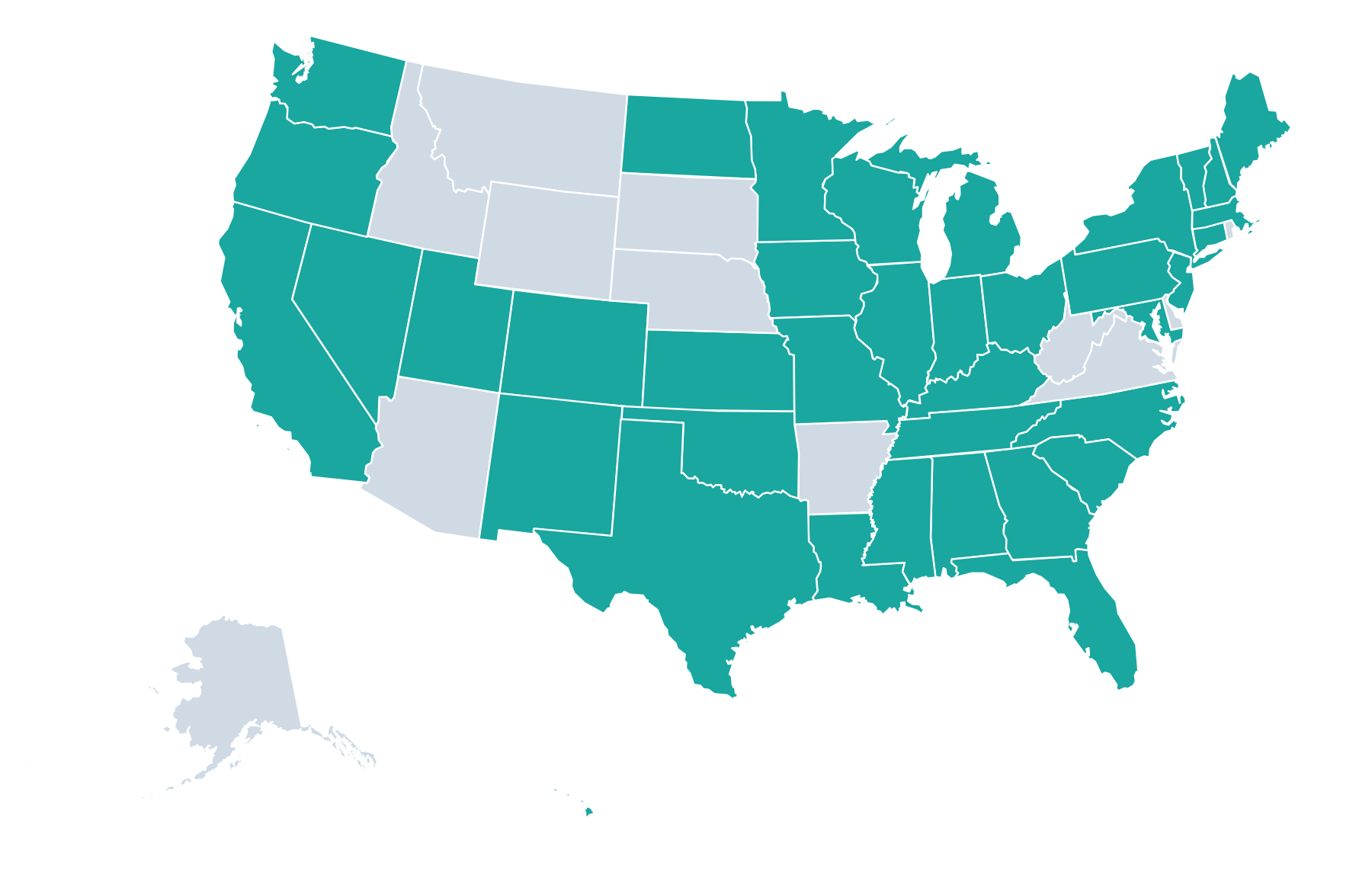 Map of the United States with 38 states in Algorithm Law’s experience footprint shaded in teal.
